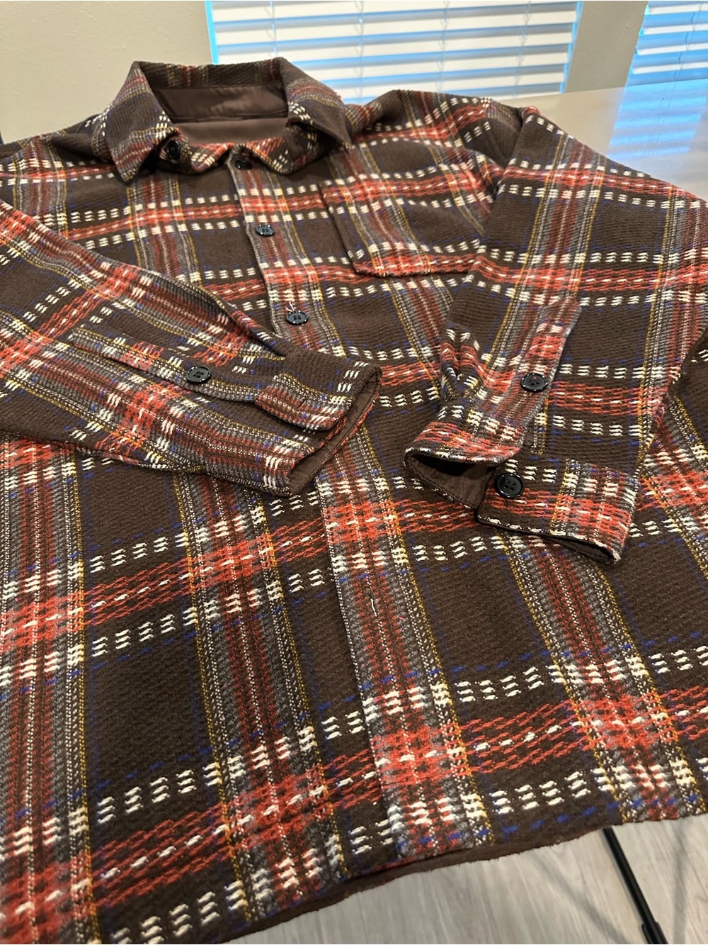 Topman Brown Plaid Button-Down Shirt Jacket with Rust and Cream Accents - Picture 5 of 5